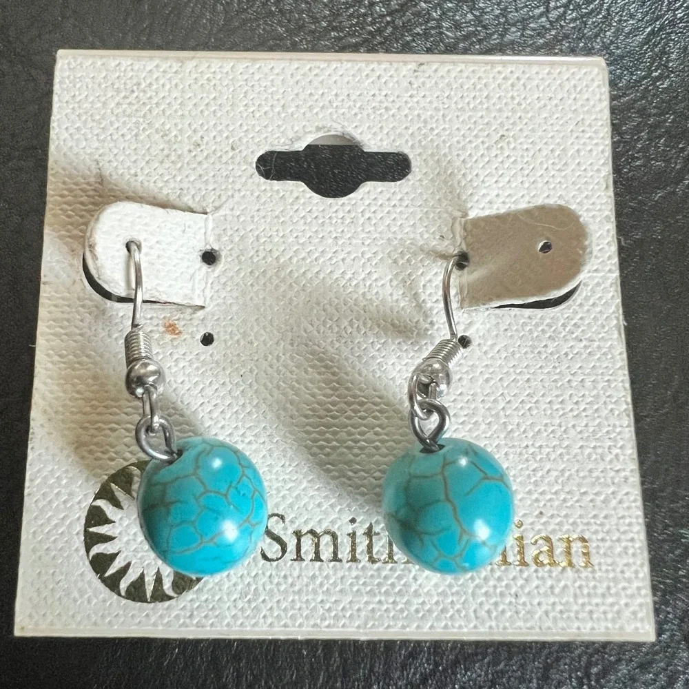 Smithsonian Faux Turquoise Bead‎ Dangle Earrings Silver Tone OS Boho 90s